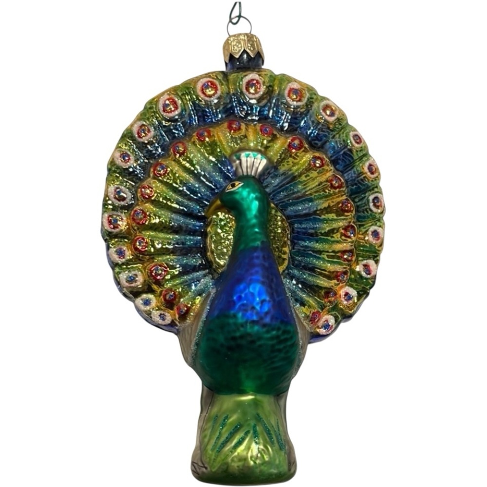 Vintage Colorful Peacock Blown Glass Hand-Painted Ornament
